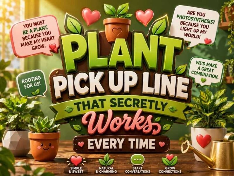 Plant Pick Up Line That Secretly Works Every Time featured image with bold green 3D text, potted plants, leaves, watering can, hearts, botanical icons, and a modern indoor garden background in a professional 16:9 design.
