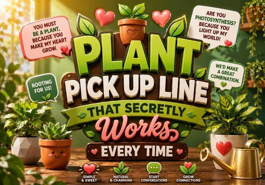 Plant Pick Up Line That Secretly Works Every Time featured image with bold green 3D text, potted plants, leaves, watering can, hearts, botanical icons, and a modern indoor garden background in a professional 16:9 design.