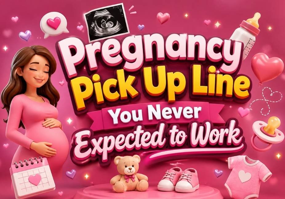 "Professional 3D pregnancy pick up line illustration featuring bold typography, baby bottle, pacifier, ultrasound image, teddy bear, baby shoes, hearts, and a pregnant woman on a vibrant pink background for Pregnancy Pick Up Line You Never Expected to Work."