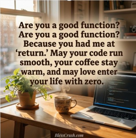 Programming pickup lines for developers - "good function" quote on cozy workspace photo