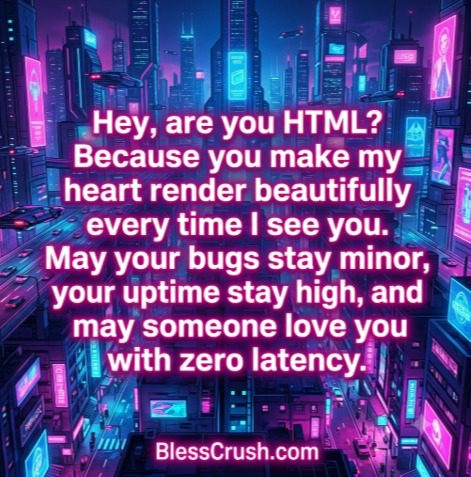 Programming pickup lines quote card - "Are you HTML?" cyberpunk city background
