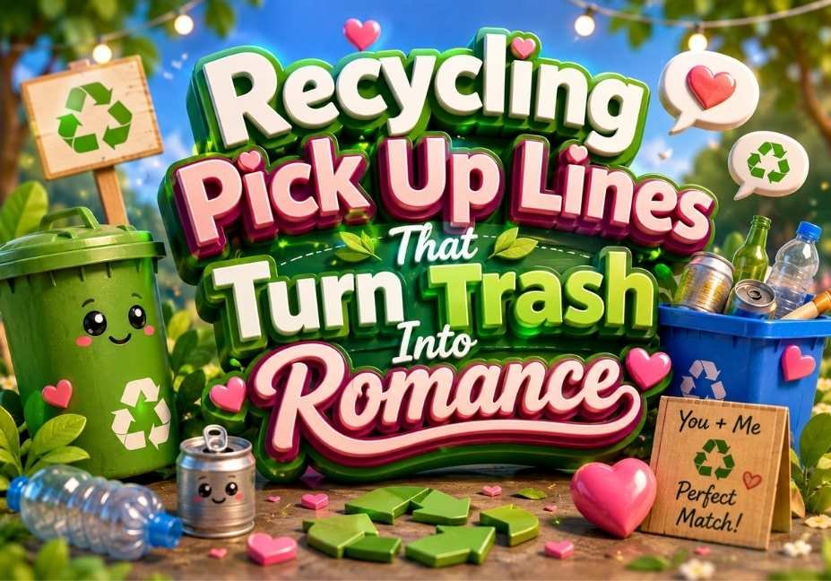 "Colorful 3D illustration for Recycling Pick Up Lines featuring recycling bins, bottles, cans, recycle symbols, hearts, and eco-friendly romance elements with bold typography in a vibrant green park background."