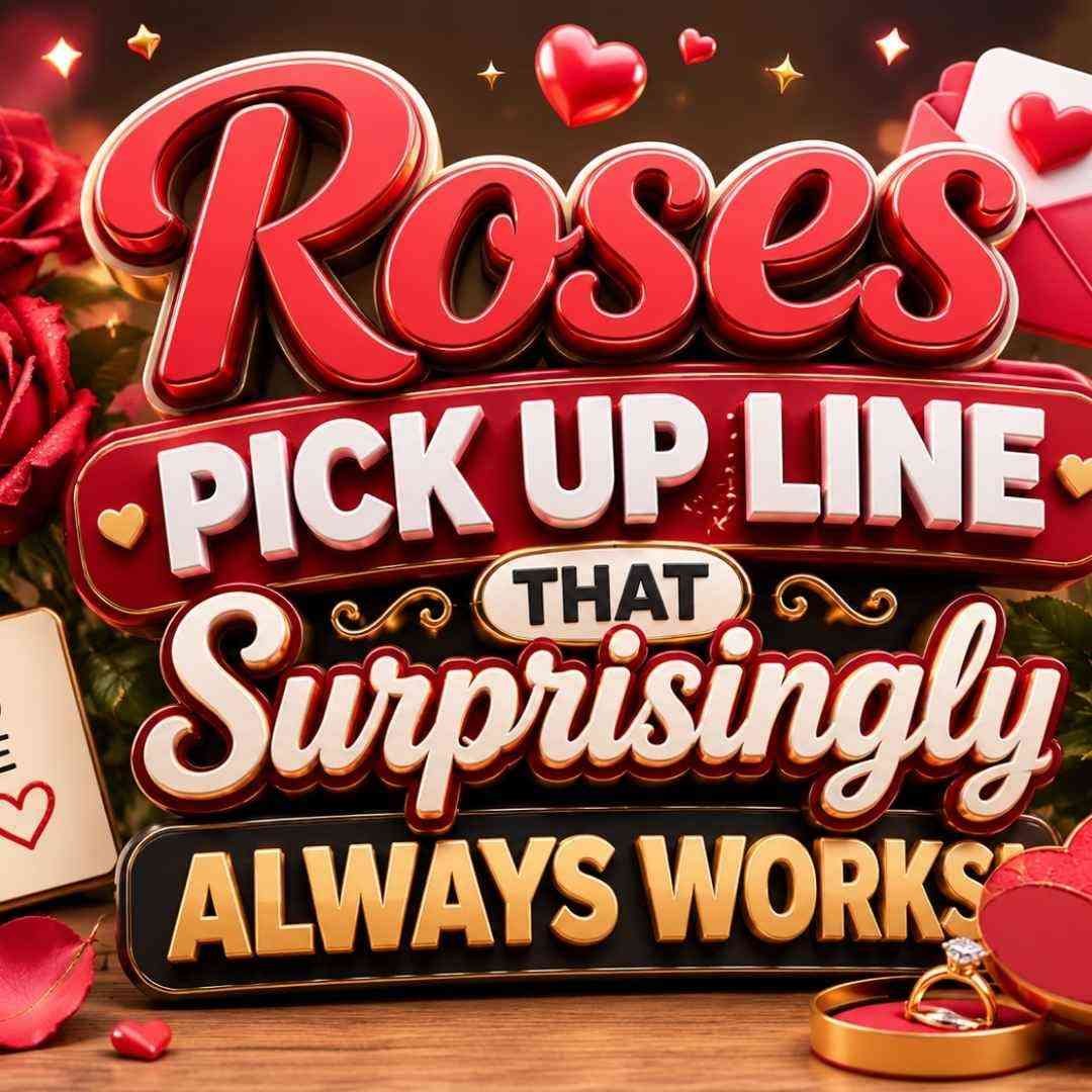 Roses Pick Up Line That Surprisingly Always Works – romantic 3D illustration with red roses, hearts, love letter, engagement ring, and elegant typography