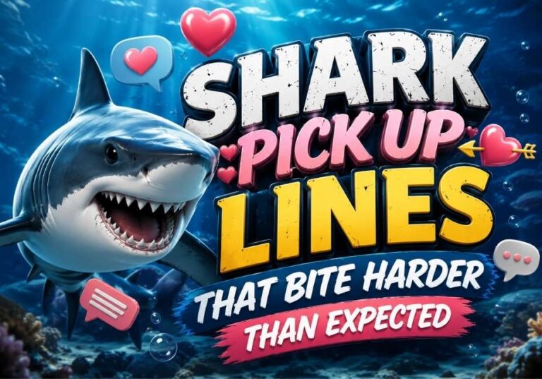 "Shark pick up lines thumbnail featuring a playful 3D shark, underwater ocean background, hearts, chat icons, and bold colorful text reading 'Shark Pick Up Lines That Bite Harder Than Expected' for a funny flirting blog."