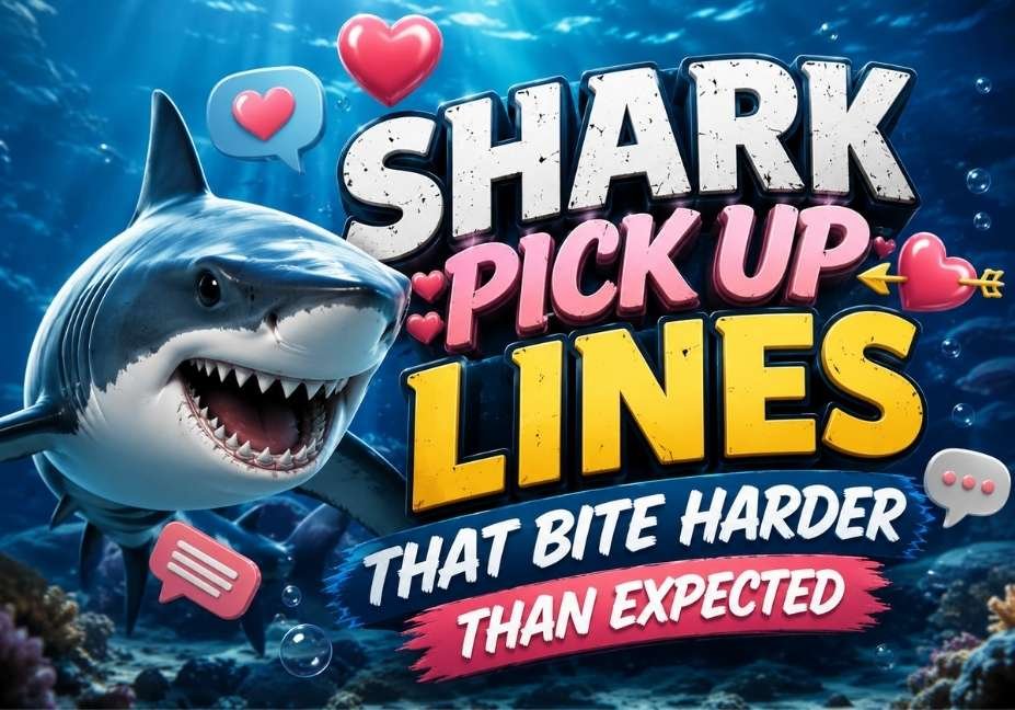 "Shark pick up lines thumbnail featuring a playful 3D shark, underwater ocean background, hearts, chat icons, and bold colorful text reading 'Shark Pick Up Lines That Bite Harder Than Expected' for a funny flirting blog."
