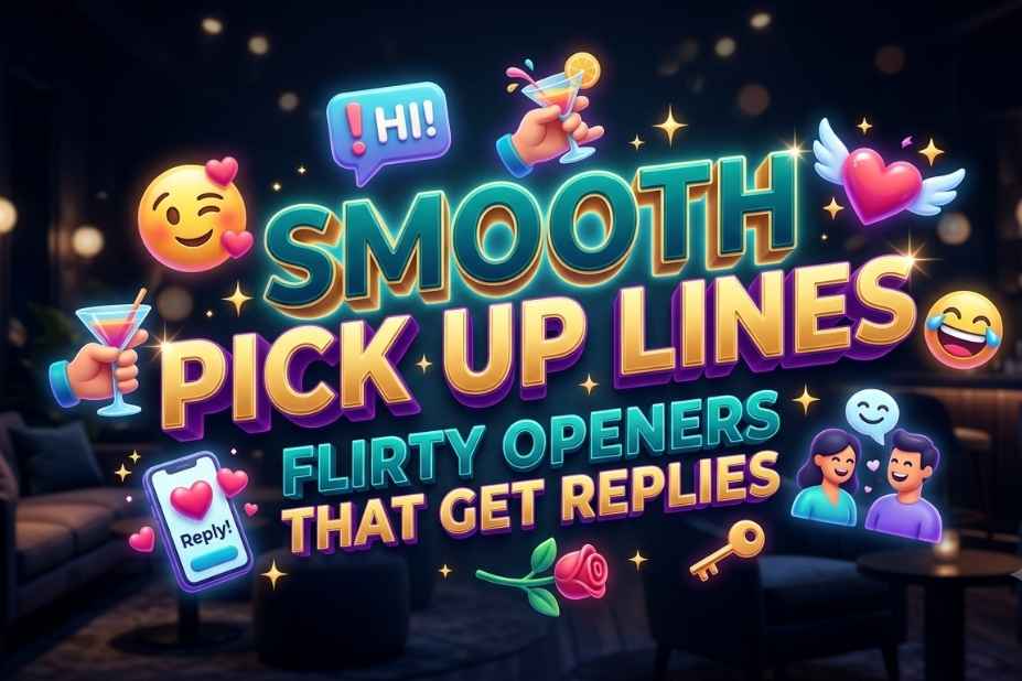 Smooth Pick Up Lines banner with flirty openers that get replies bold neon text