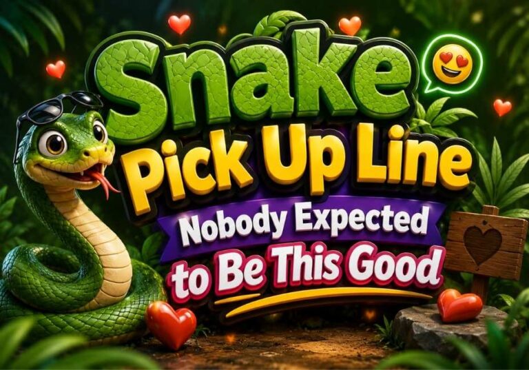 "Professional 3D Snake Pick Up Line illustration featuring bold jungle-themed typography, a friendly green snake, hearts, tropical leaves, wooden sign, and vibrant forest background for Snake Pick Up Line Nobody Expected to Be This Good."