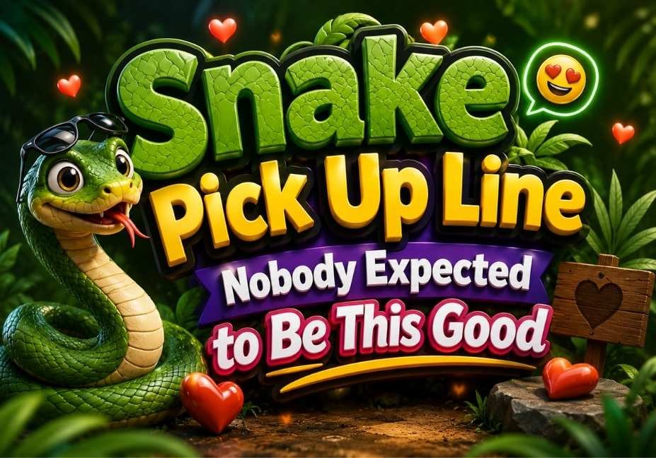 "Professional 3D Snake Pick Up Line illustration featuring bold jungle-themed typography, a friendly green snake, hearts, tropical leaves, wooden sign, and vibrant forest background for Snake Pick Up Line Nobody Expected to Be This Good."