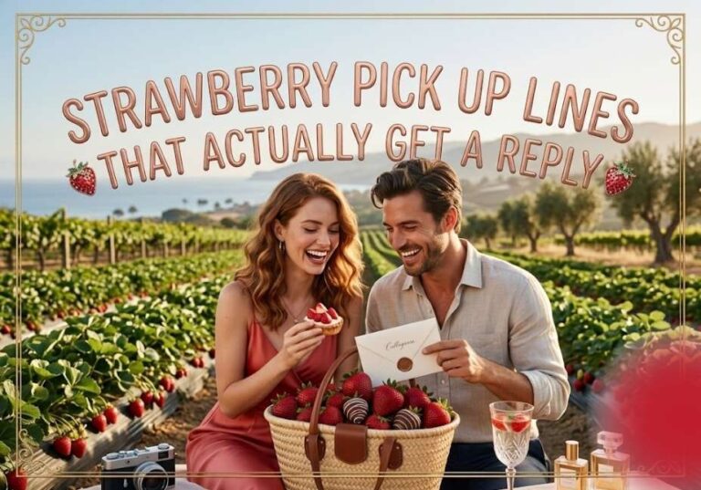 Strawberry pick up lines featured on a romantic strawberry farm with a smiling couple enjoying fresh strawberries, picnic basket, and scenic countryside background.