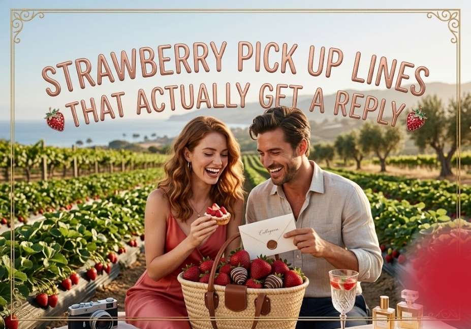 Strawberry pick up lines featured on a romantic strawberry farm with a smiling couple enjoying fresh strawberries, picnic basket, and scenic countryside background.