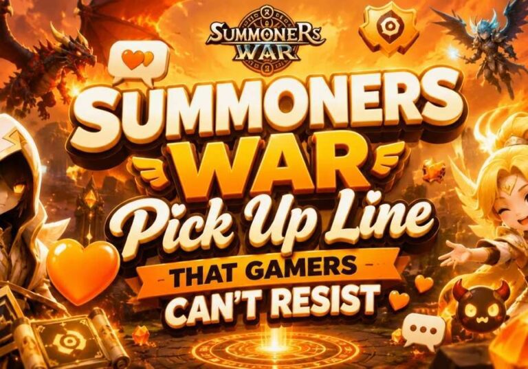 Summoners War Pick Up Line That Gamers Can't Resist featured image with mango-themed 3D text, fantasy battle background, magical heroes, dragon, glowing runes, and gaming icons in a vibrant 16:9 design.