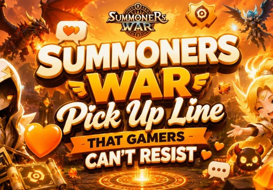 Summoners War Pick Up Line That Gamers Can't Resist featured image with mango-themed 3D text, fantasy battle background, magical heroes, dragon, glowing runes, and gaming icons in a vibrant 16:9 design.