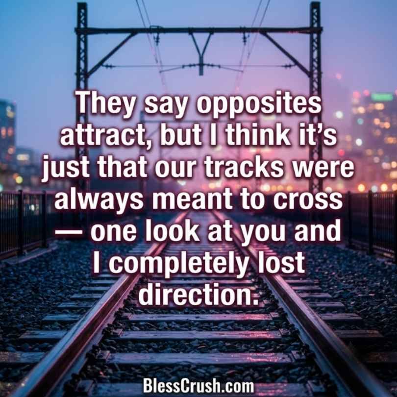 Track pick up lines image with opposites attract quote on city railway tracks at dusk