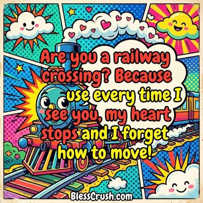 Track pick up lines cartoon train saying railway crossing pickup line with hearts and clouds