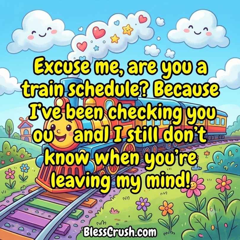 Track pick up lines cute cartoon train schedule pun with smiling clouds and flowers