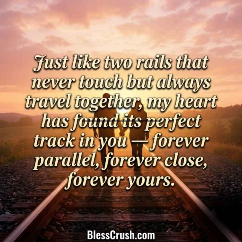 Track pick up lines romantic quote about parallel rails with couple holding hands at sunrise