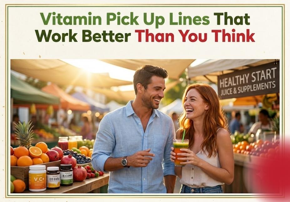 Vitamin pick up lines cover image featuring a smiling couple at a healthy juice market with fresh fruits, vitamins, and colorful supplements.