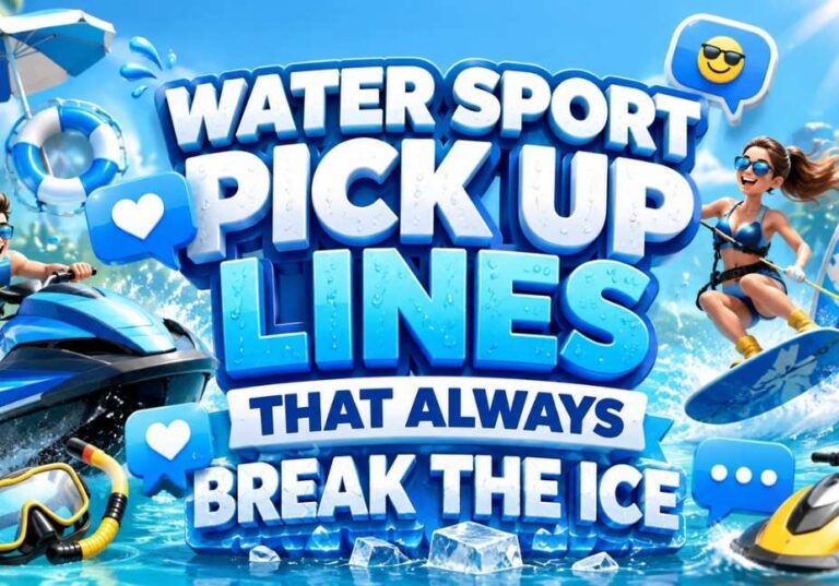 Water Sport Pick Up Lines That Always Break the Ice featured image with sky blue 3D text, jet ski, wakeboarding, surfboard, snorkeling gear, ocean waves, and fun summer water sports icons in a vibrant 16:9 design.