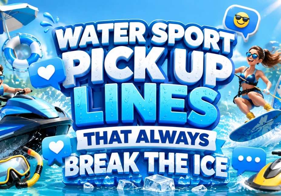 Water Sport Pick Up Lines That Always Break the Ice featured image with sky blue 3D text, jet ski, wakeboarding, surfboard, snorkeling gear, ocean waves, and fun summer water sports icons in a vibrant 16:9 design.