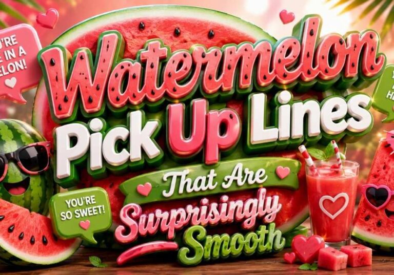 Watermelon Pick Up Lines That Are Surprisingly Smooth – Eye-catching 3D watermelon-themed banner featuring bold typography, juicy watermelon slices, smiling watermelon characters, fresh watermelon juice, tropical leaves, romantic hearts, flirty speech bubbles, and vibrant summer icons in a colorful 16:9 design.