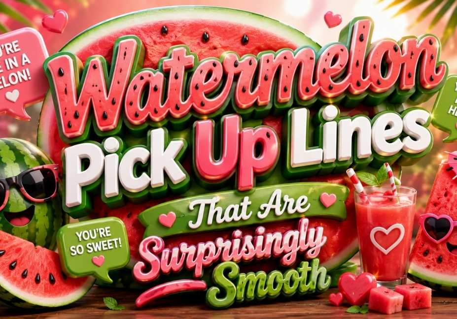 Watermelon Pick Up Lines That Are Surprisingly Smooth – Eye-catching 3D watermelon-themed banner featuring bold typography, juicy watermelon slices, smiling watermelon characters, fresh watermelon juice, tropical leaves, romantic hearts, flirty speech bubbles, and vibrant summer icons in a colorful 16:9 design.