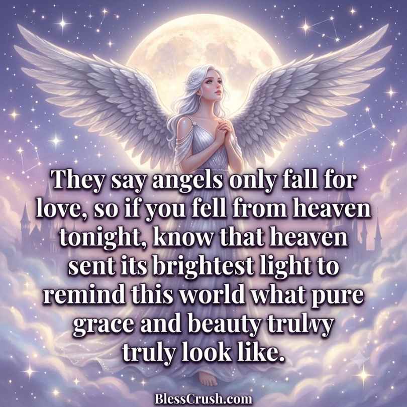 "Fall From Heaven Pick Up Lines – angel under full moon quote about heaven's brightest light"
