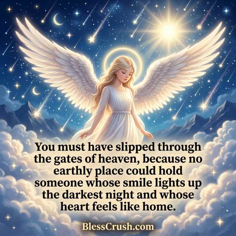 "Fall From Heaven Pick Up Lines – angel under shooting stars quote about slipping through heaven's gates"
