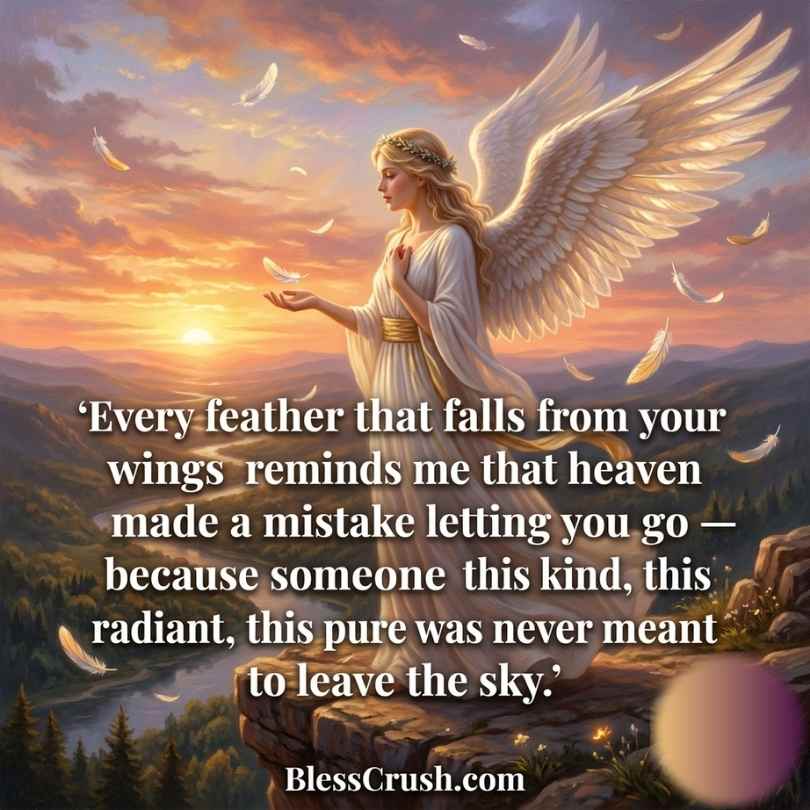 "Fall From Heaven Pick Up Lines – angel releasing feathers at sunset quote for someone radiant and pure"
