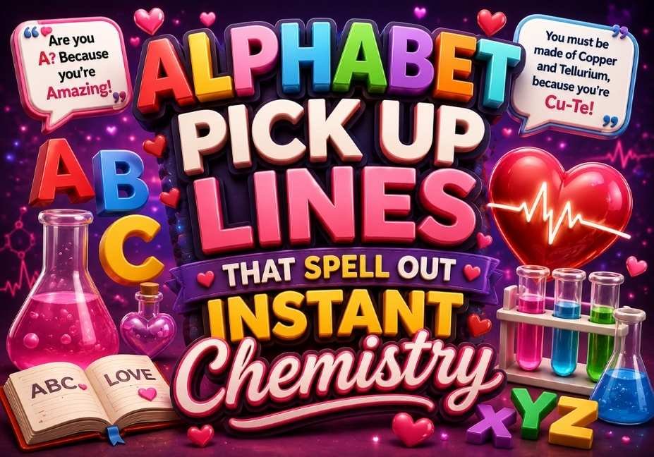 Alphabet Pick Up Lines That Spell Out Instant Chemistry featuring colorful 3D alphabet letters, romantic heart and ECG icons, chemistry flasks, test tubes, love notes, and playful speech bubbles.