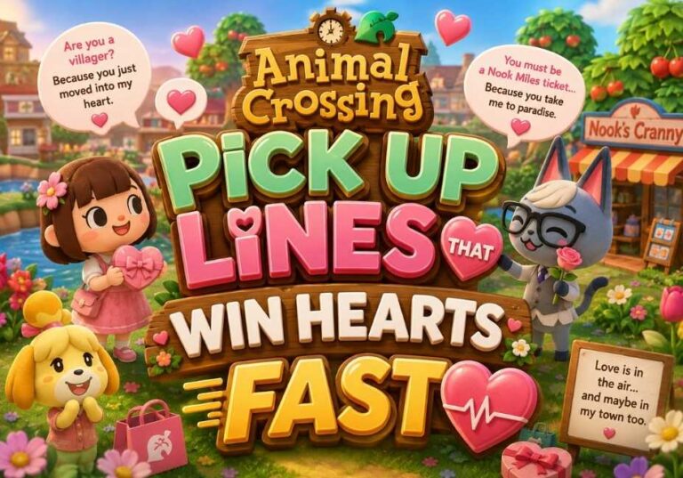 Animal Crossing Pick Up Lines That Win Hearts Fast with 3D text, cute island villagers, heart icons, romantic speech bubbles, and colorful village background.