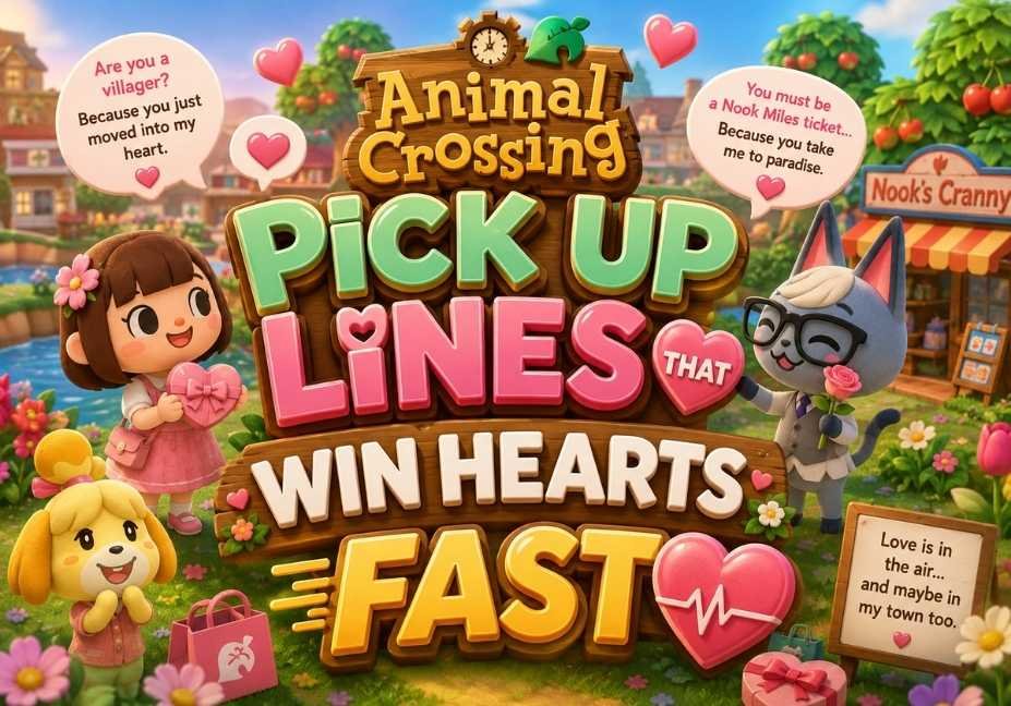 Animal Crossing Pick Up Lines That Win Hearts Fast with 3D text, cute island villagers, heart icons, romantic speech bubbles, and colorful village background.