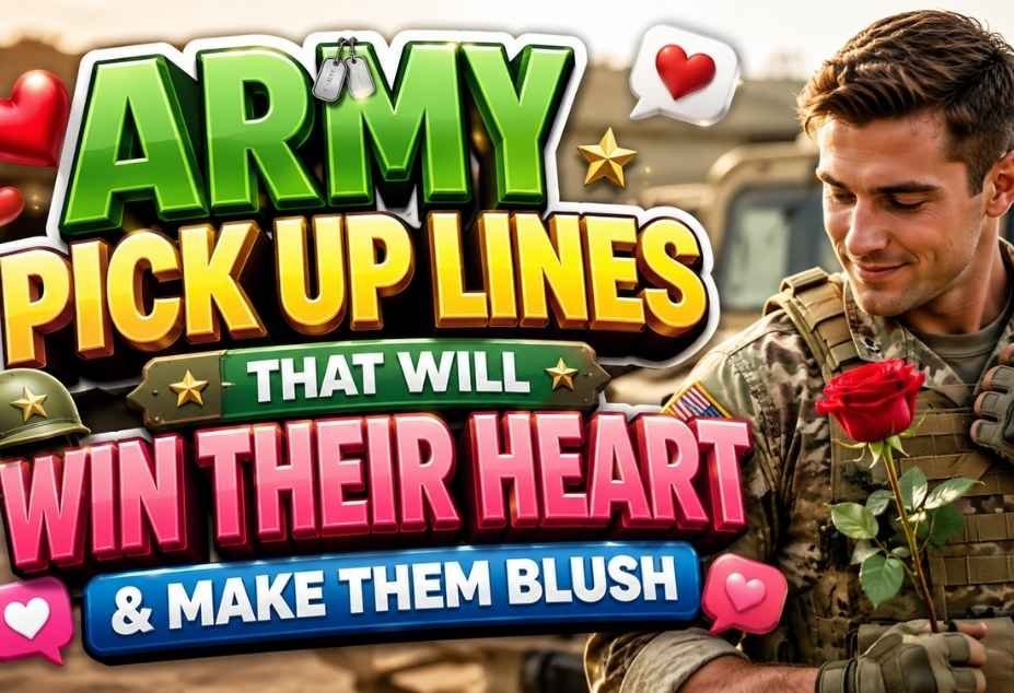 Army Pickup Lines featuring a handsome army man in military uniform holding a red rose, with colorful 3D text and romantic heart icons