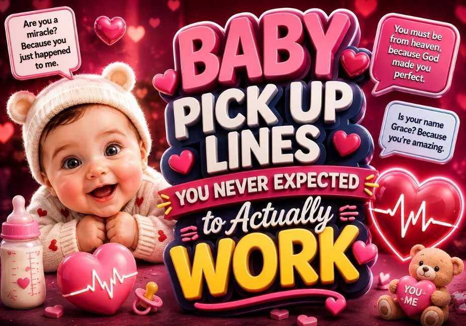 Baby Pick Up Lines You Never Expected to Actually Work featuring a cute baby, colorful 3D text, heart and ECG icons, baby bottle, pacifier, teddy bear, and romantic pink background.