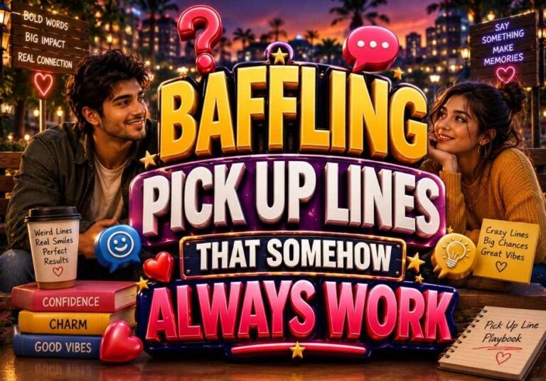 "Baffling Pick Up Lines That Somehow Always Work illustration featuring colorful 3D text, question marks, hearts, chat bubbles, sparkles, and playful dating icons on a vibrant modern background."