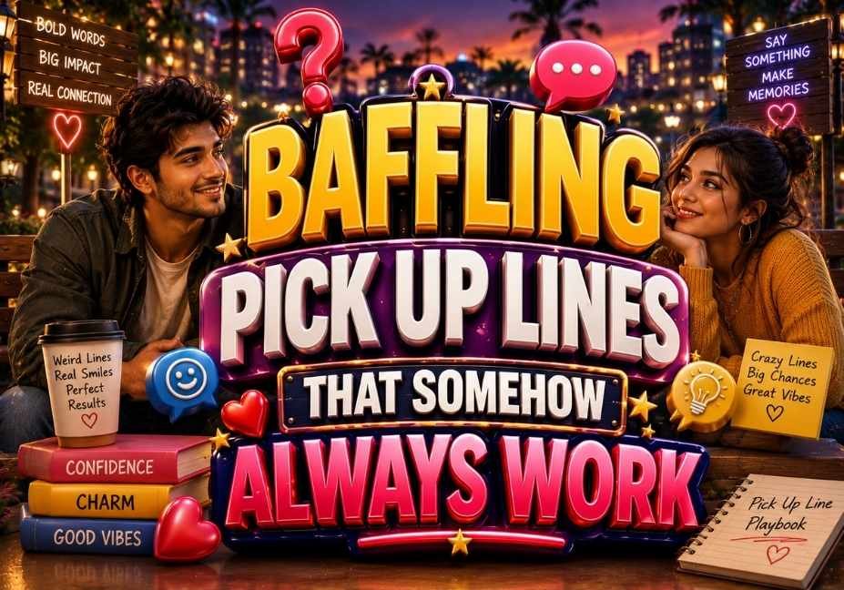 "Baffling Pick Up Lines That Somehow Always Work illustration featuring colorful 3D text, question marks, hearts, chat bubbles, sparkles, and playful dating icons on a vibrant modern background."