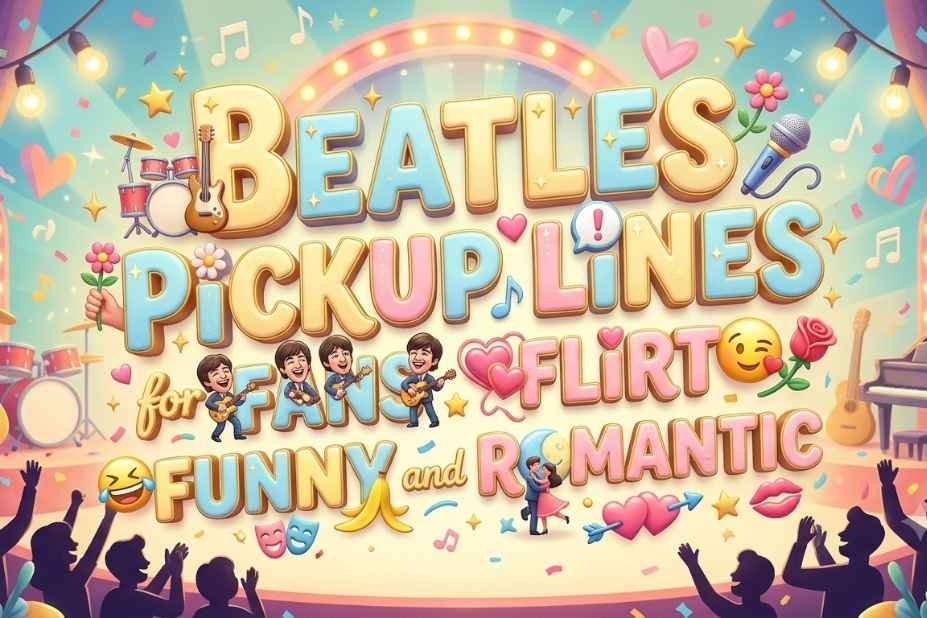 Beatles Pickup Lines cover graphic with cartoon band members, funny and romantic flirt icons