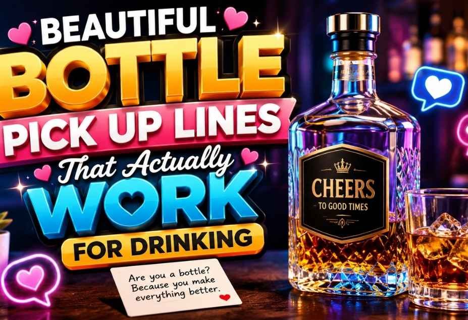 Beautiful Bottle Pickup Lines featuring a stylish bottle, drinking glass, colorful hearts, and playful 3D typography in a vibrant bar setting.