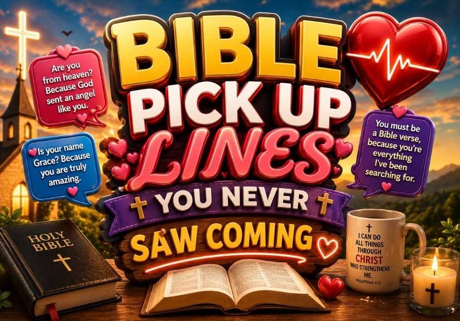 Bible Pick Up Lines You Never Saw Coming featuring bold 3D text, glowing heart and ECG icons, an open Bible, church, cross, candles, romantic speech bubbles, and a faith-inspired background.