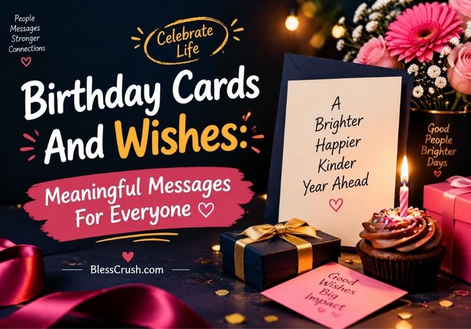 Birthday Cards And Wishes — beautiful birthday celebration scene with greeting cards, gifts, flowers, cupcake, and meaningful messages for everyone