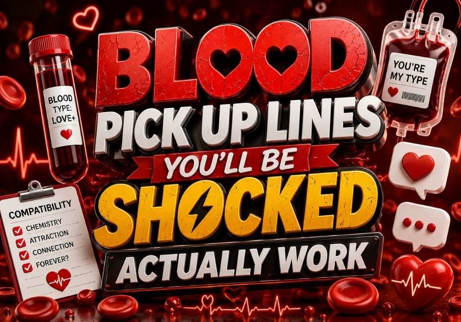 Blood Pick Up Lines You’ll Be Shocked Actually Work – 3D red blood cells, heart icons, ECG lines, blood vial, and romantic typography.