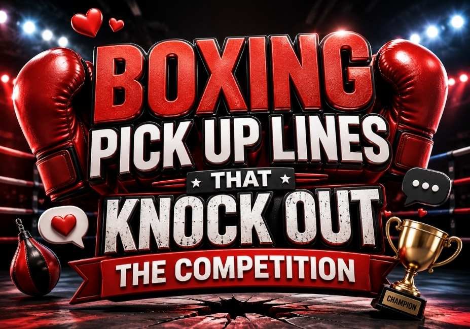 "3D illustration of boxing gloves, championship belt, punching bag, heart icons, and bold typography for Boxing Pick Up Lines That Knock Out the Competition, romantic boxing-themed dating humor."