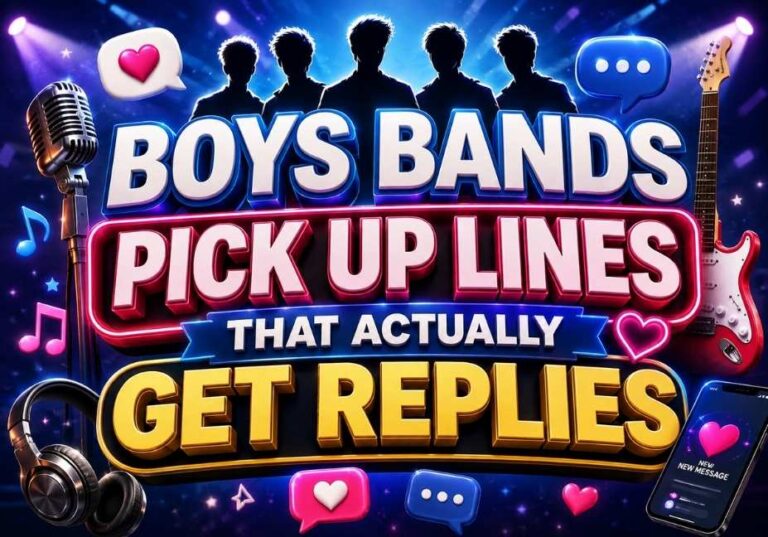 Boys Bands Pick Up Lines That Actually Get Replies – colorful 3D concert-themed illustration with boy band silhouettes, microphone, guitar, music notes, hearts, chat bubbles, and glowing stage lights.