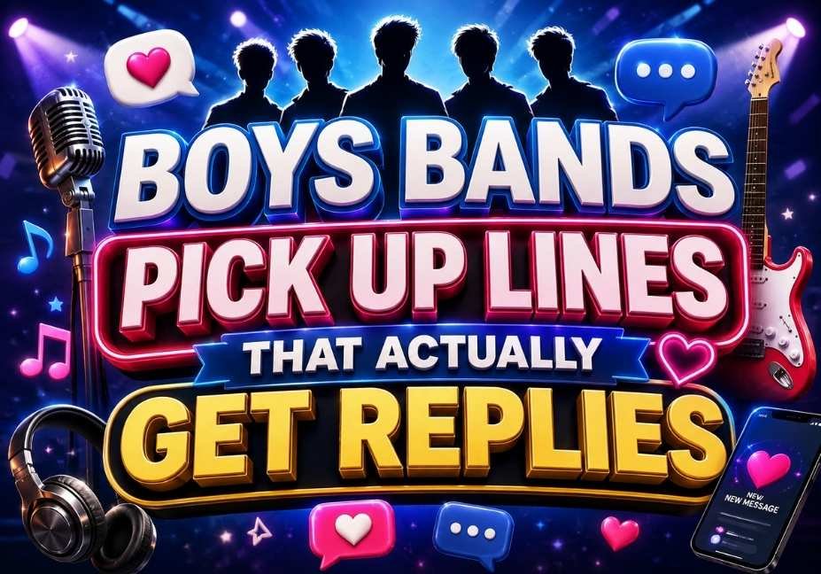 Boys Bands Pick Up Lines That Actually Get Replies – colorful 3D concert-themed illustration with boy band silhouettes, microphone, guitar, music notes, hearts, chat bubbles, and glowing stage lights.
