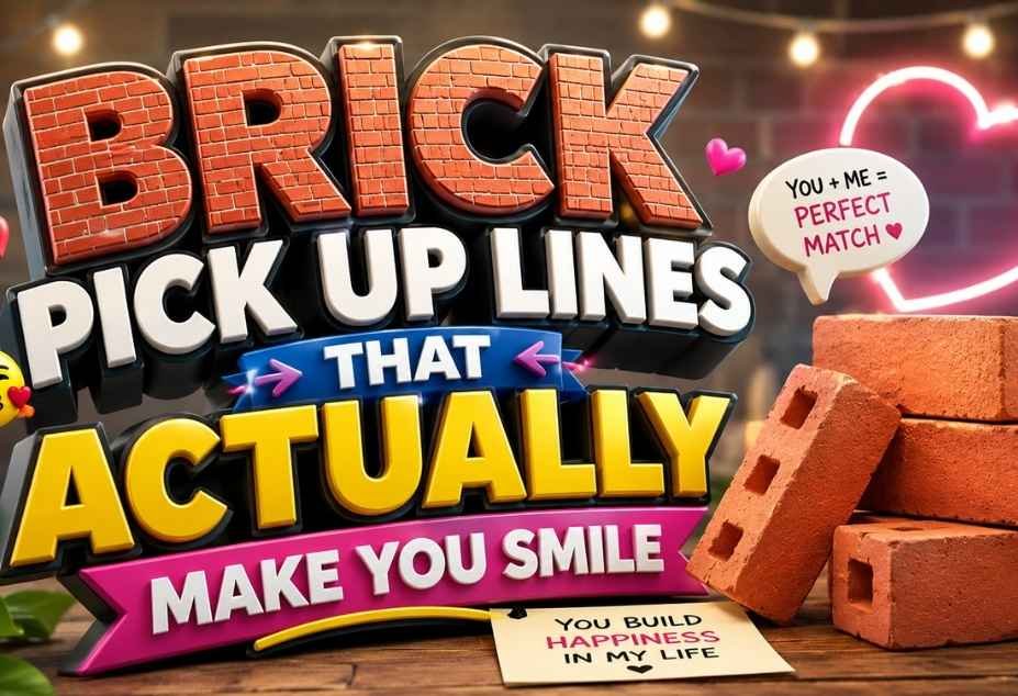 Brick Pickup Lines that actually make you smile with colorful 3D brick typography and romantic hearts