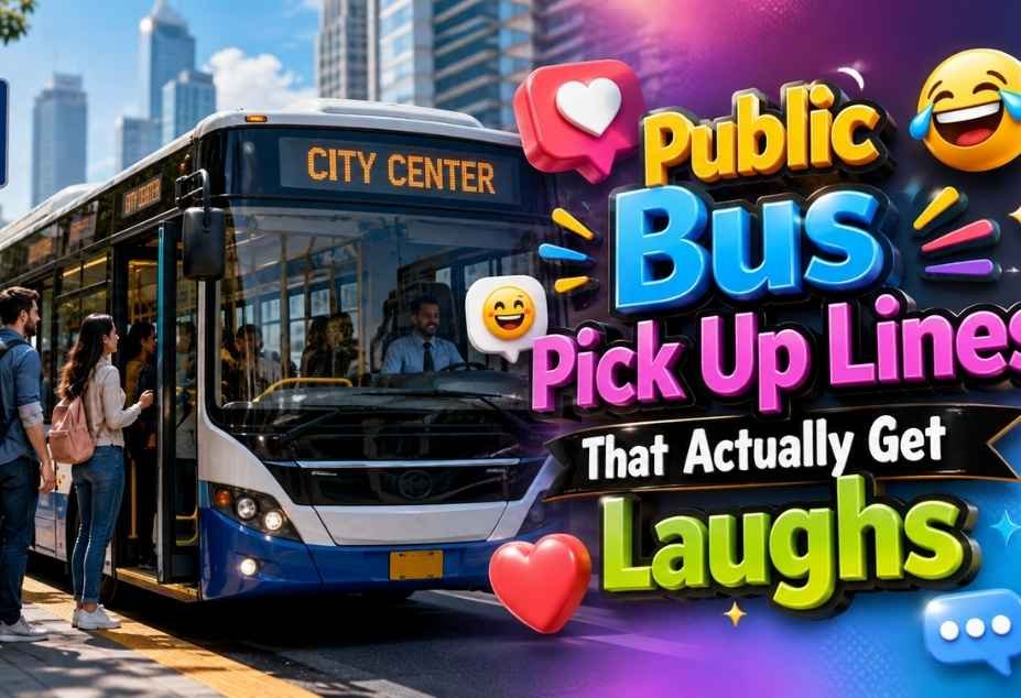 Bus Pickup Lines – public bus scene with colorful 3D text, bus stop, and laughing emojis