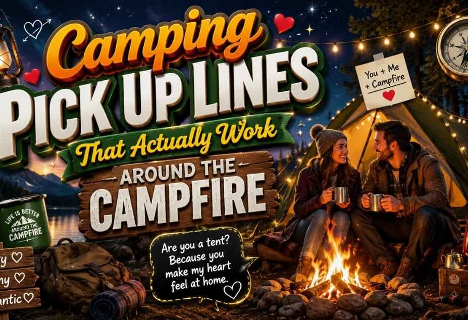 Camping Pickup Lines around a cozy campfire with a tent, lanterns, and romantic camping scene