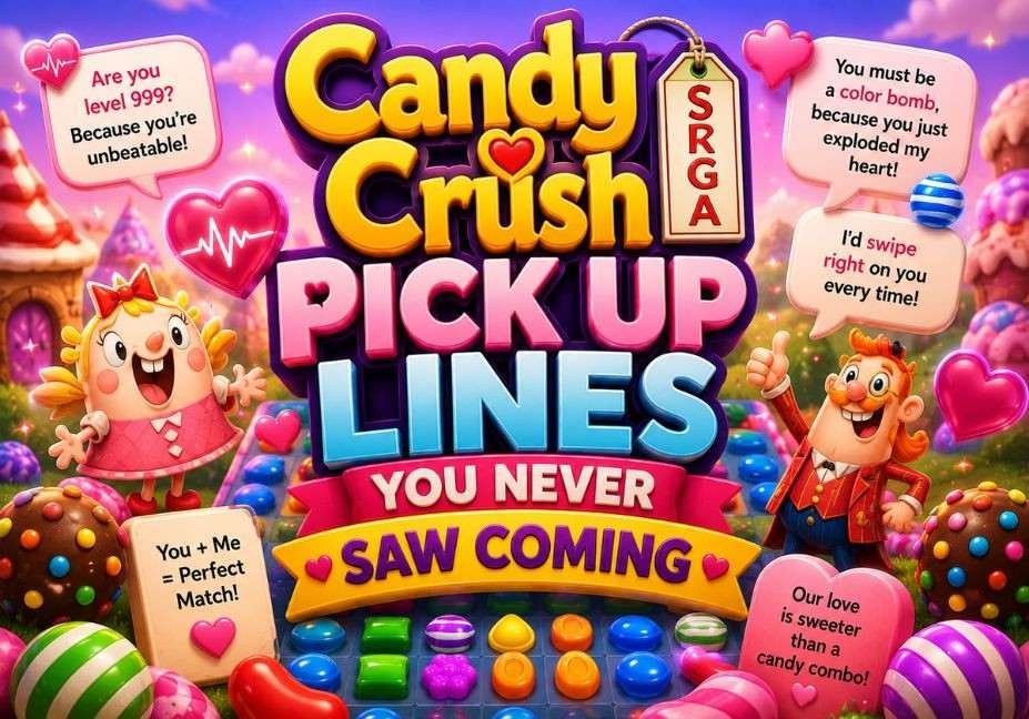 Candy Crush Saga Pick Up Lines You Never Saw Coming featuring colorful 3D text, candy icons, glowing hearts, ECG graphics, romantic speech bubbles, and a vibrant candy-themed game background.