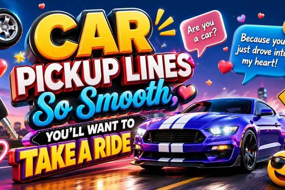 Car Pickup Lines cover image with blue Mustang GT and flirty pickup line speech bubbles