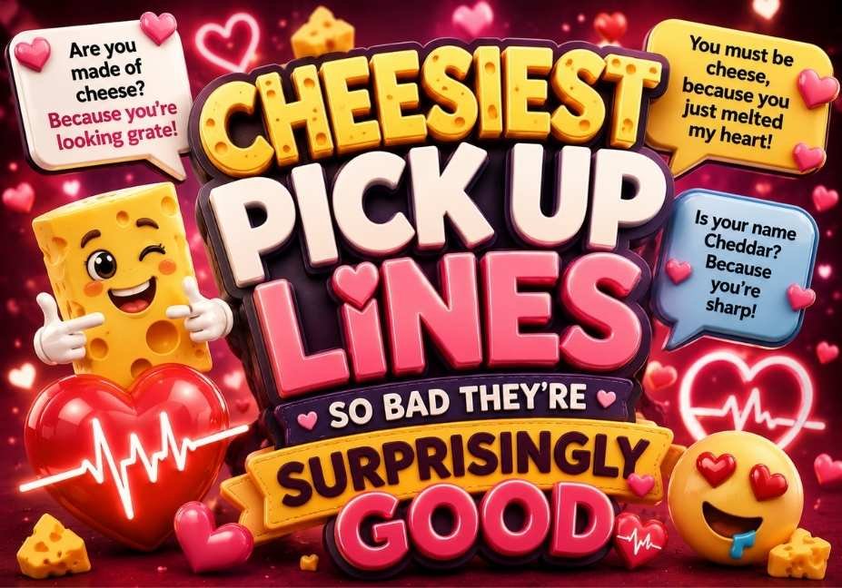 Cheesiest Pick Up Lines So Bad They’re Surprisingly Good featuring bold 3D text, cute cheese icons, romantic hearts, ECG heartbeat graphics, funny speech bubbles, and a playful red background.