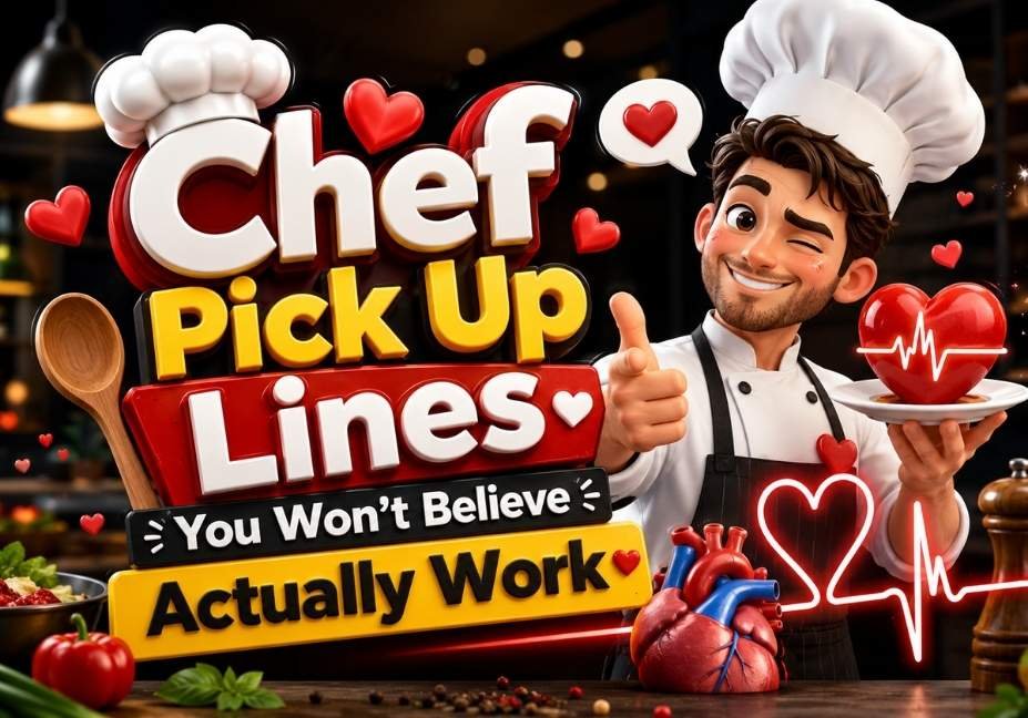 Chef Pick Up Lines You Won’t Believe Actually Work – 3D cartoon chef holding a heart-shaped dish with ECG heartbeat and romantic hearts in a professional kitchen.